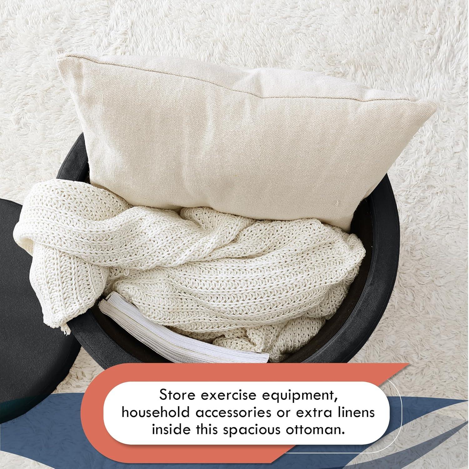 Ornavo Home Lawrence Round Storage Ottoman with Table Top Lid - Velvet Black