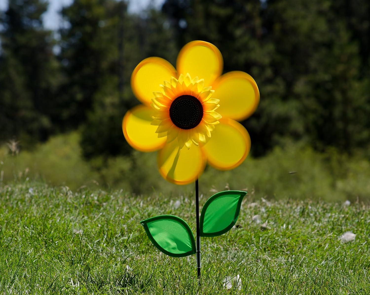 In the Breeze 2791 — 12 Inch Yellow Sunflower Spinner with Leaves — Colorful Flower for Your Yard and Garden