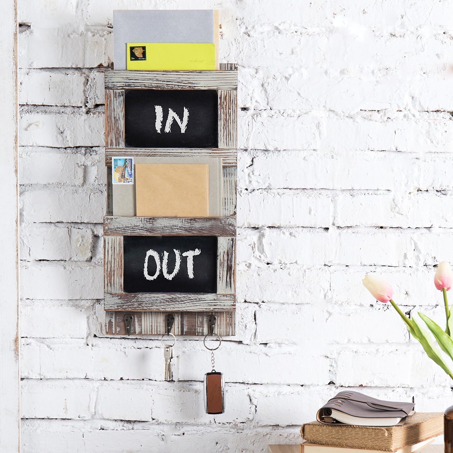 MyGift Rustic Wood Wall-Mounted 2-Slot Mail Sorter Organizer with Chalkboard Surface and 3 Key Hook Rack