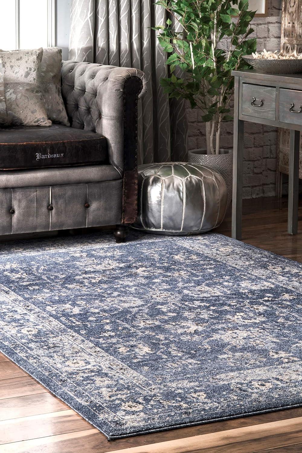 Reversible Floral Blue Synthetic 5' x 8' Easy-Care Area Rug