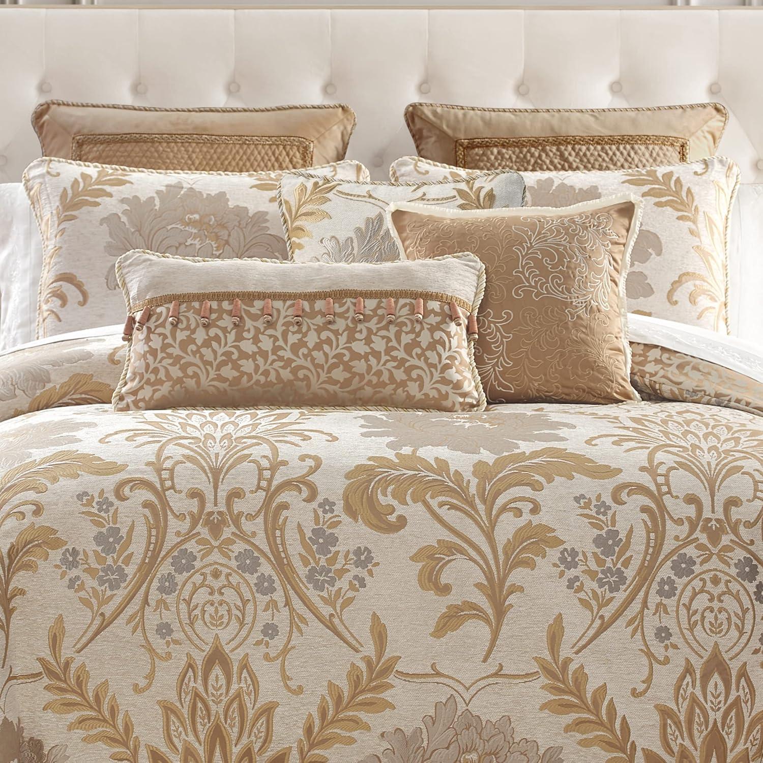 Ivory and Gold Damask Queen Comforter Set with Fringe Trim