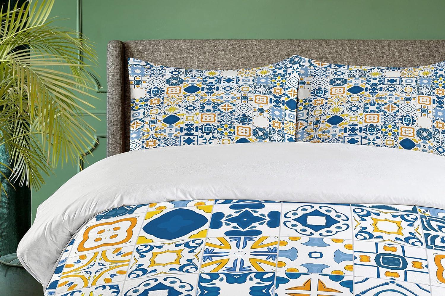 Ambesonne Mosaic Portuguese Azulejo with Mediterranean Arabesque Effect Print Duvet Cover Set