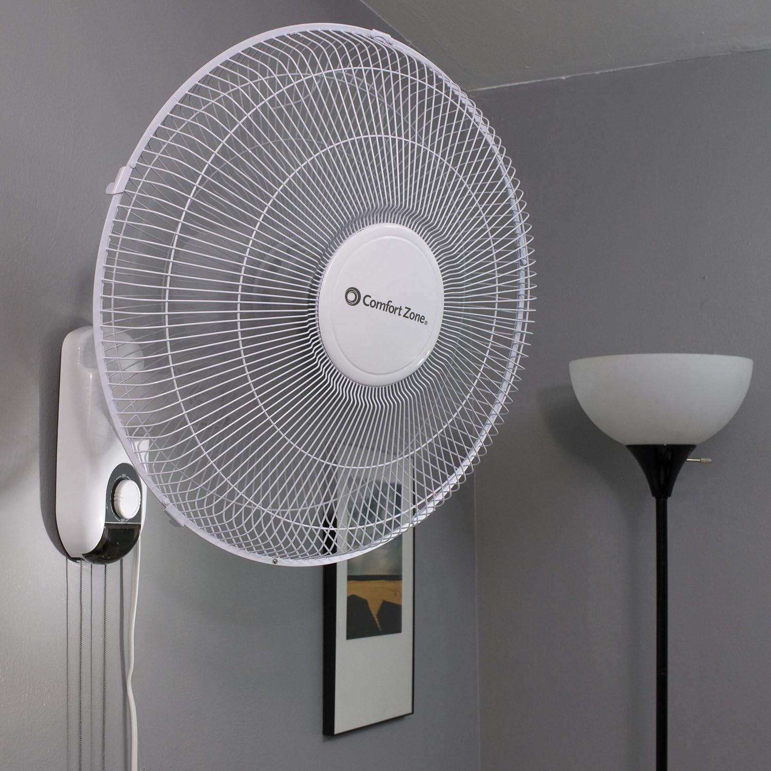 Comfort Zone 16" Oscillating Wall Mount Fan with Adjustable Tilt, 3 Speed, Metal Grille, 90 Degree Oscillation, Airflow 14.07 ft/sec, Ideal for Home, Bedroom, Gym & Office, CZ16W