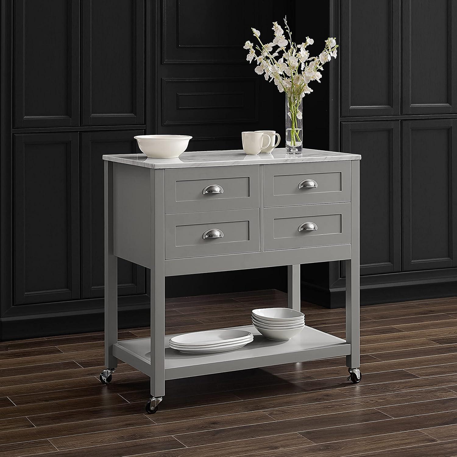 Connell Kitchen Island Cart Gray/White Marble - Crosley: Mobile Storage, 4 Drawers, Open Shelf, Locking Wheels