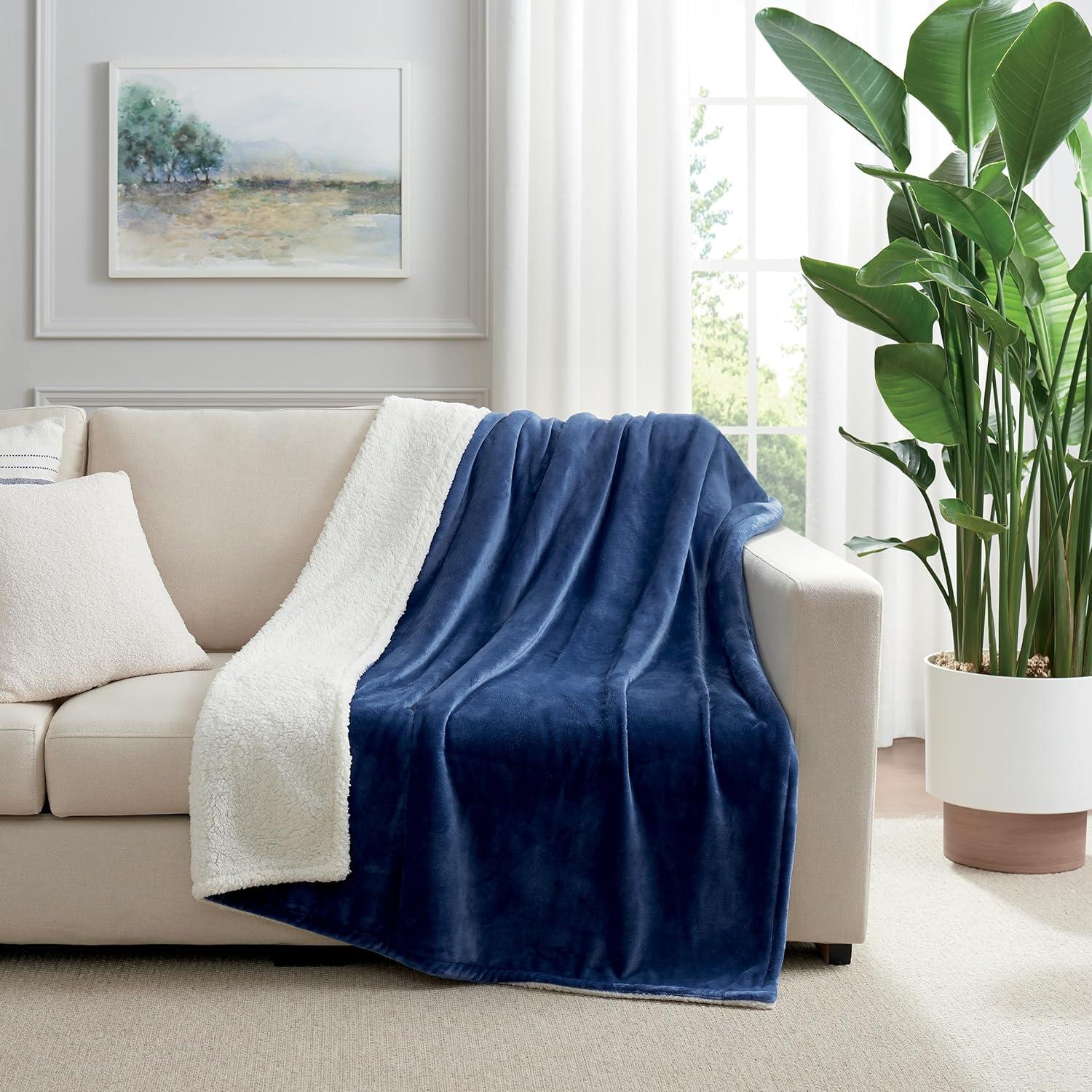 Navy Blue Reversible Sherpa Fleece Throw Blanket, 50x60 inches