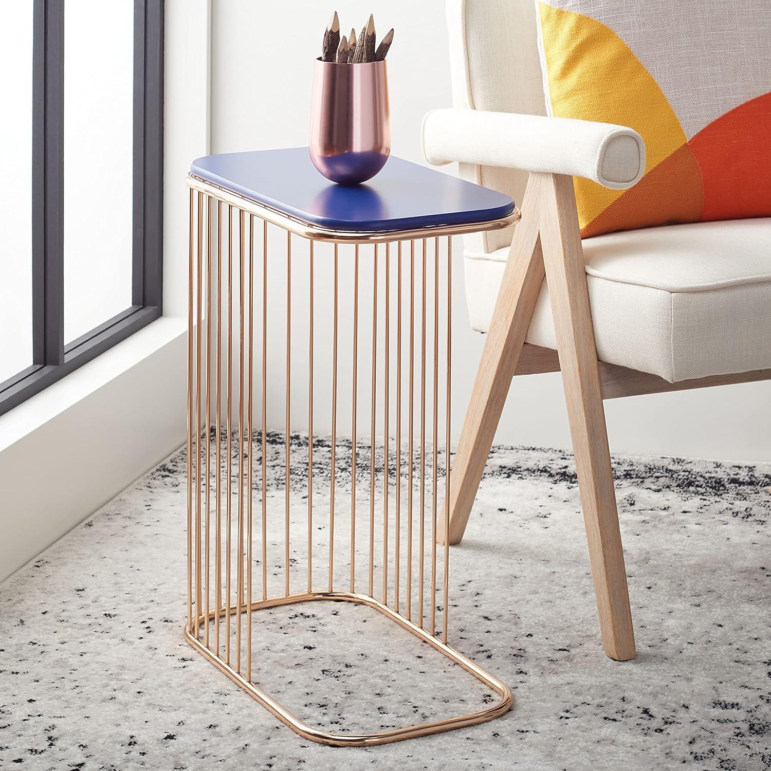 Modern Glam Blue & Gold Square Metal & Wood Accent Table