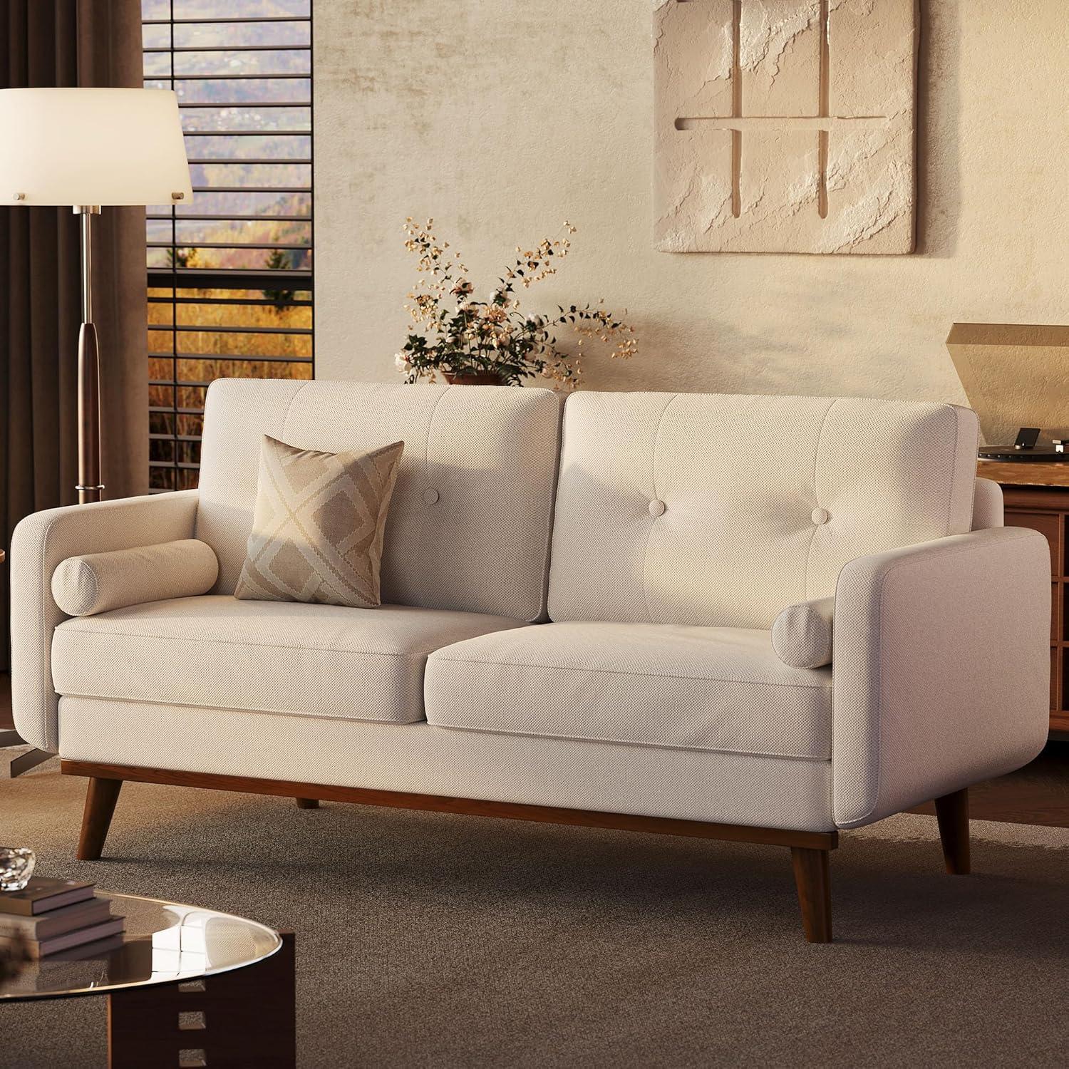 Beige Linen Upholstered Mid Century Modern Loveseat Sofa