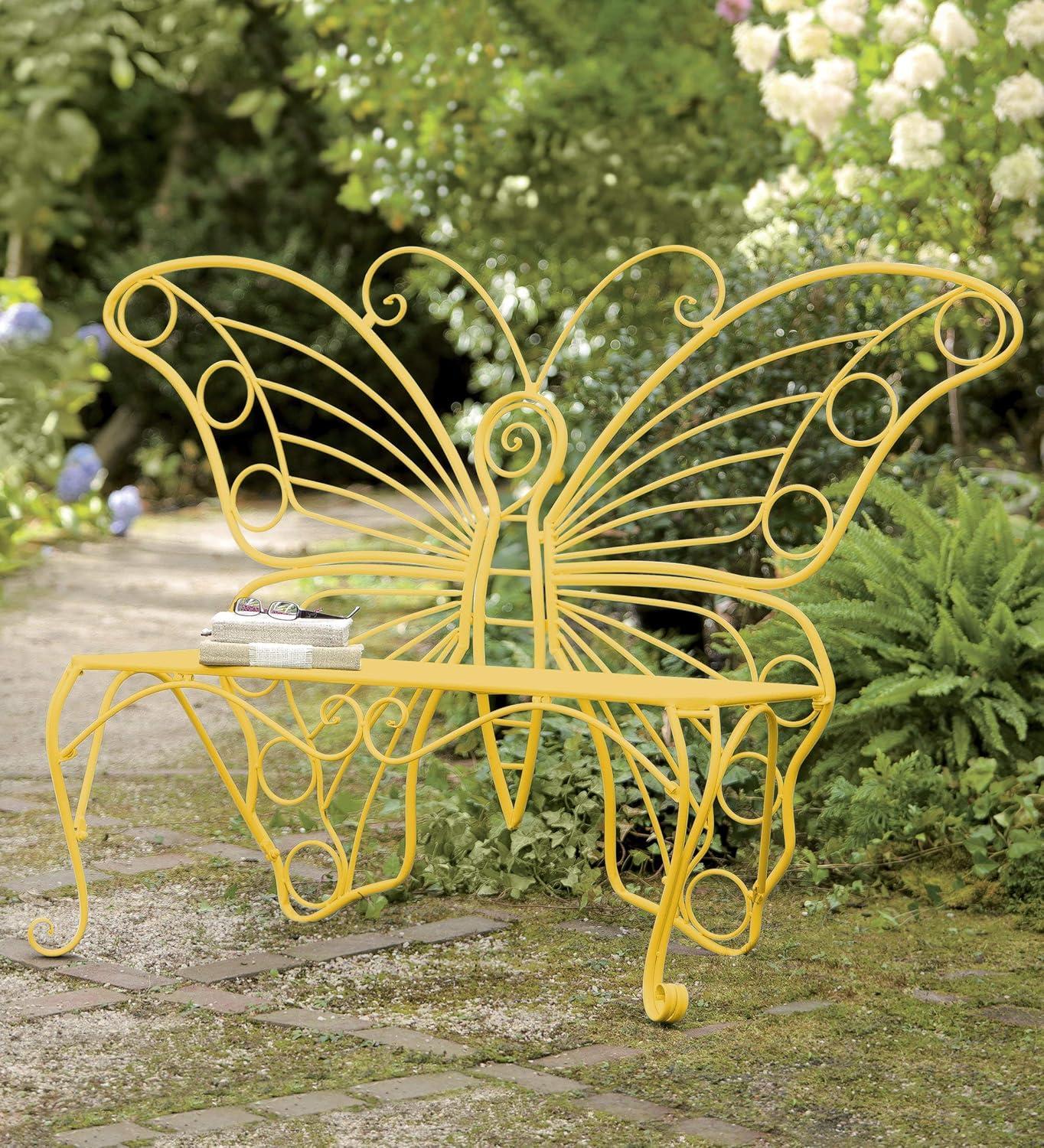 Ethereal Yellow Metal Butterfly-Inspired Garden Bench