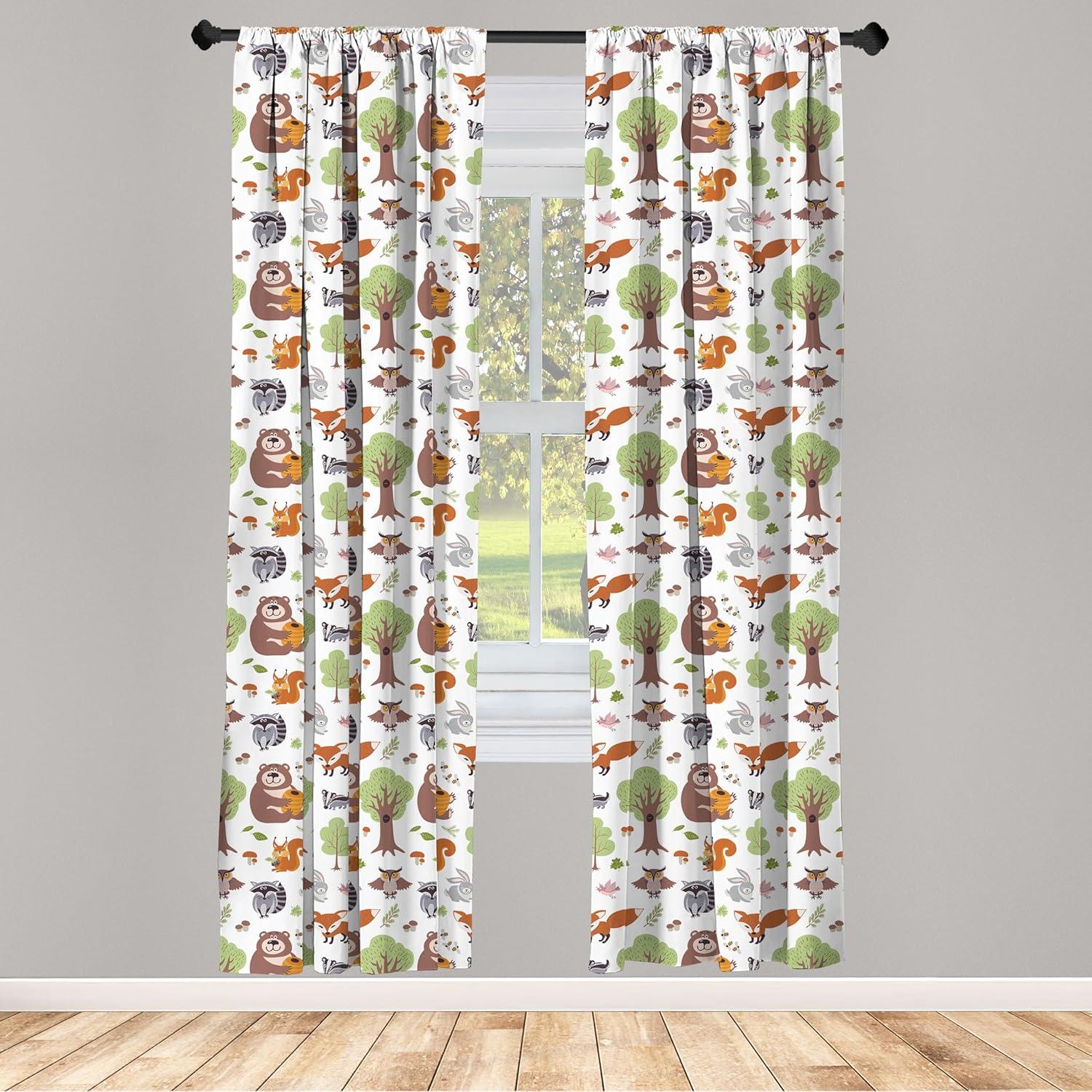 Ambesonne Forest Curtains, Doodle Woodland Animals, Pair of 28"x95", Multicolor