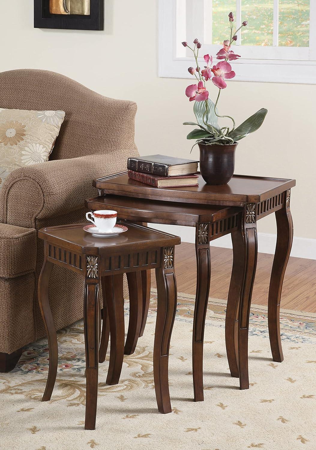 Elegant Warm Brown Wood Nesting Tables with Gold Accents