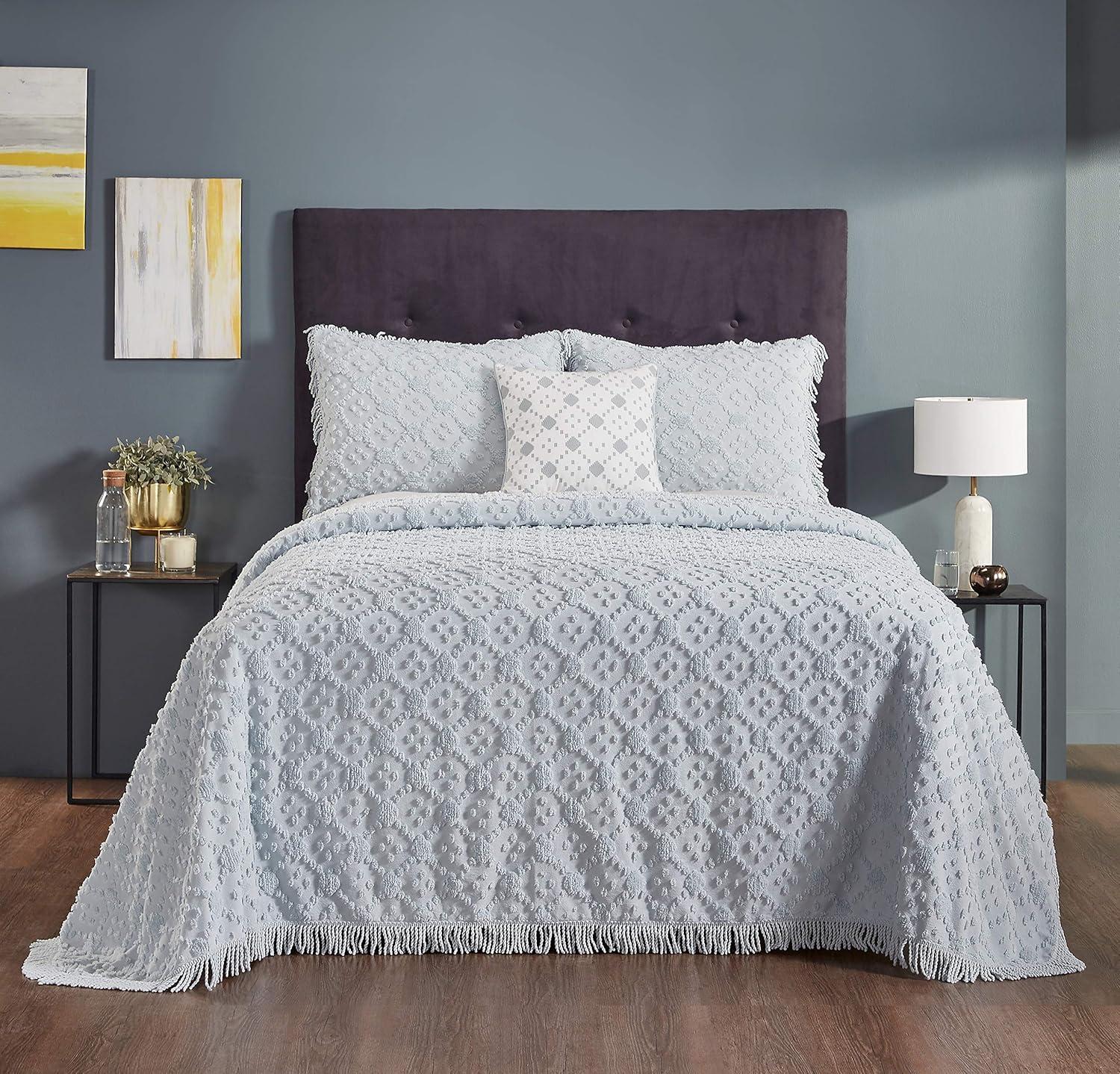 Better Trends Charleston Collection 100% Cotton Bedding sets, Machine Washable Soft and Breathable 4-piece Chenille Bedspread & Sham with Geometric Embroidery, All season