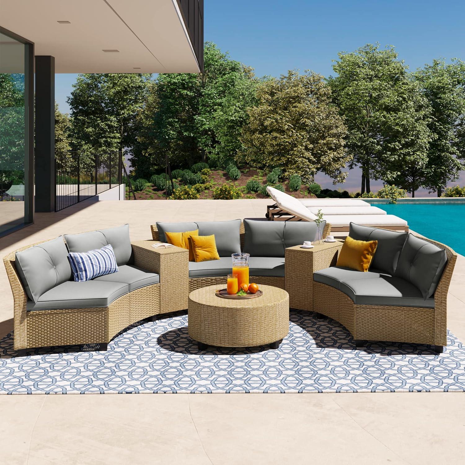 6-Person Gray Rattan Outdoor Sofa Set with Cushions and Table