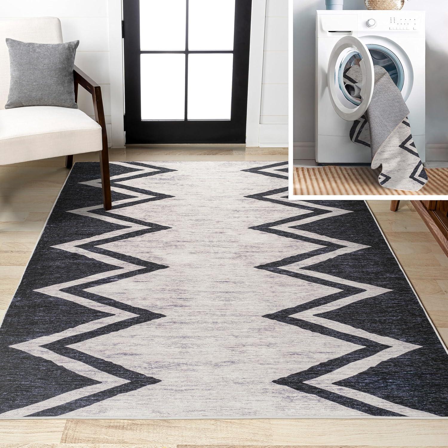 3' x 5' Siksak Modern Chevron Border Machine-Washable Area Rug, Ivory/Black - JONATHAN Y
