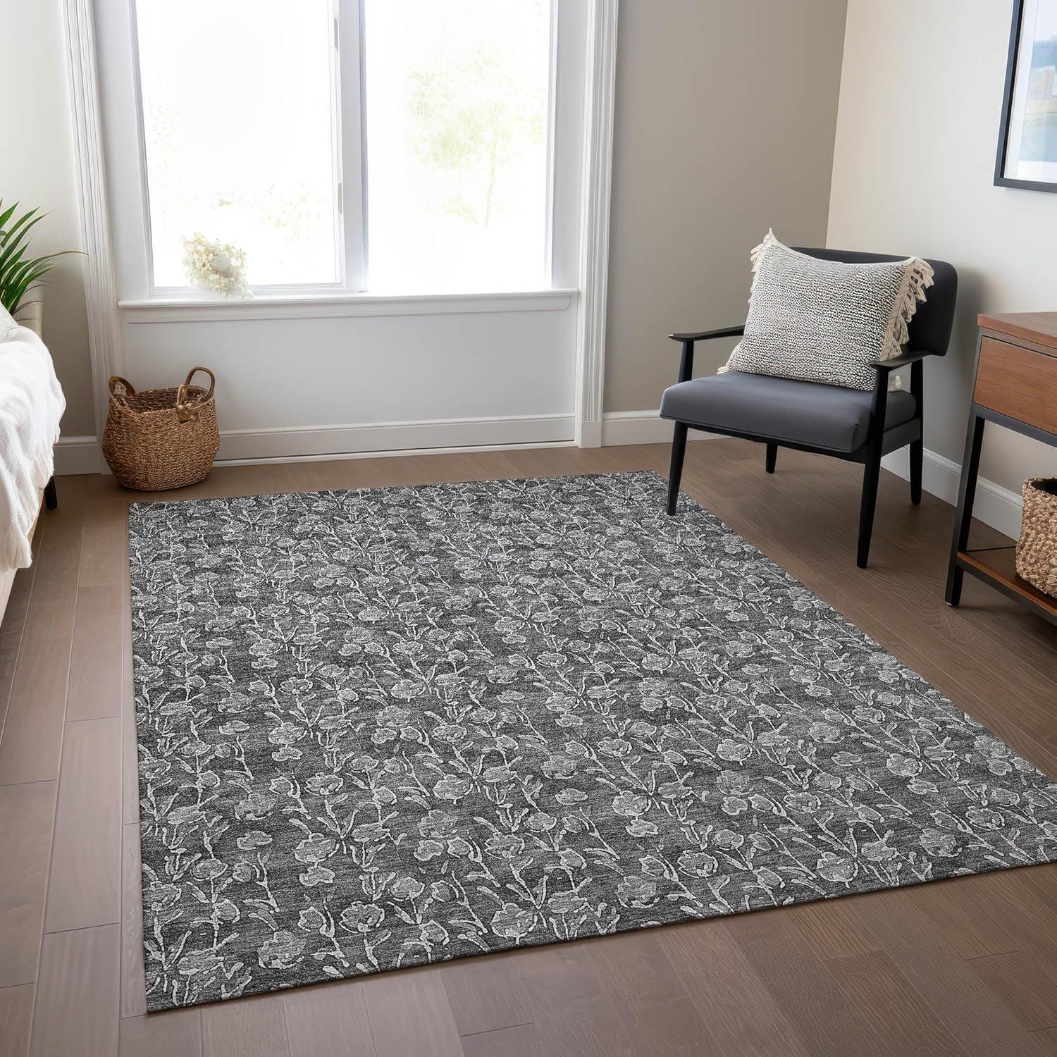 Gray Floral Synthetic Rectangular Indoor/Outdoor Area Rug