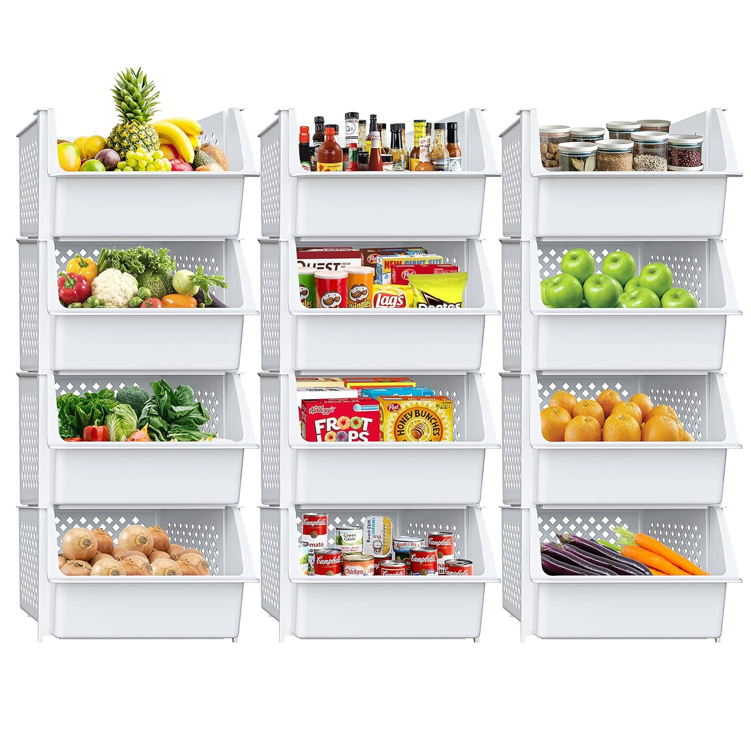 Skywin Plastic Stackable Storage Bins for Pantry - 12 Pack White Stackable Bins For Organizing Food, Kitchen, and Bathroom Essentials