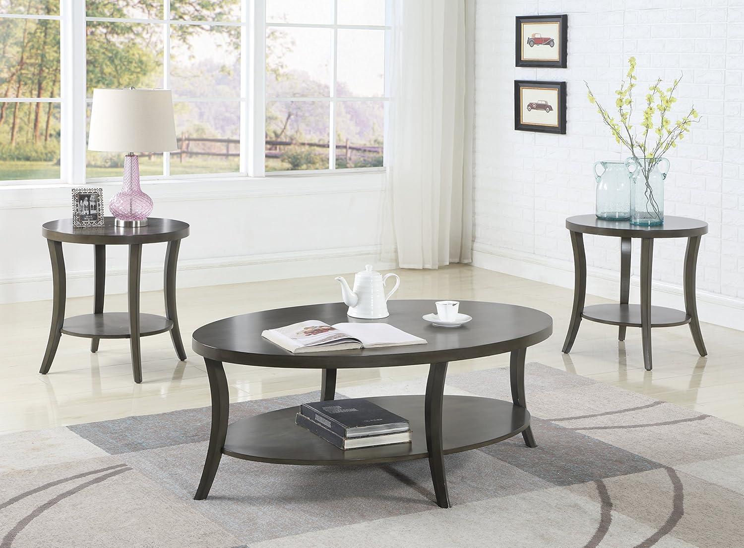 Roundhill Furniture Perth 3Pc Oval Coffee Table and End Table Set in Gray