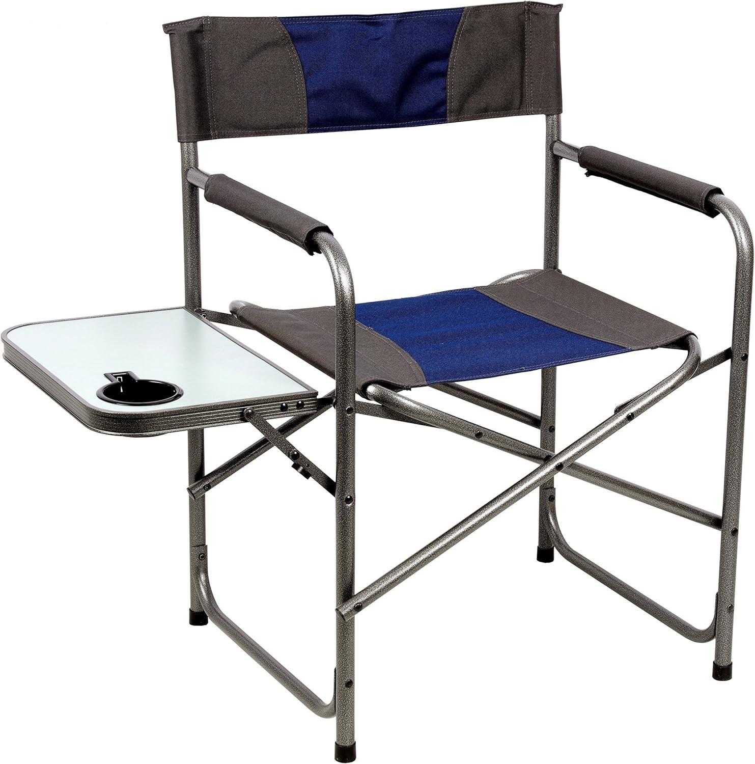 Blue and Grey Foldable Steel Camping Director Chair with Side Table