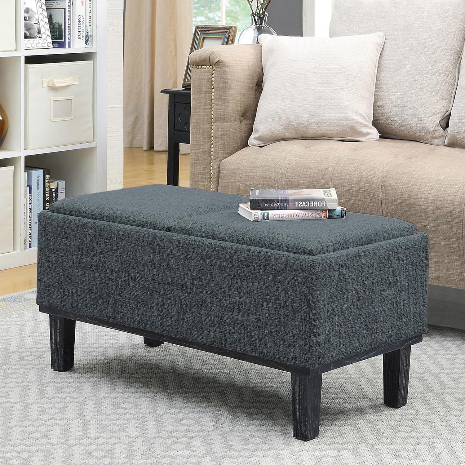 Gray Linen Tufted Storage Ottoman with Reversible Trays