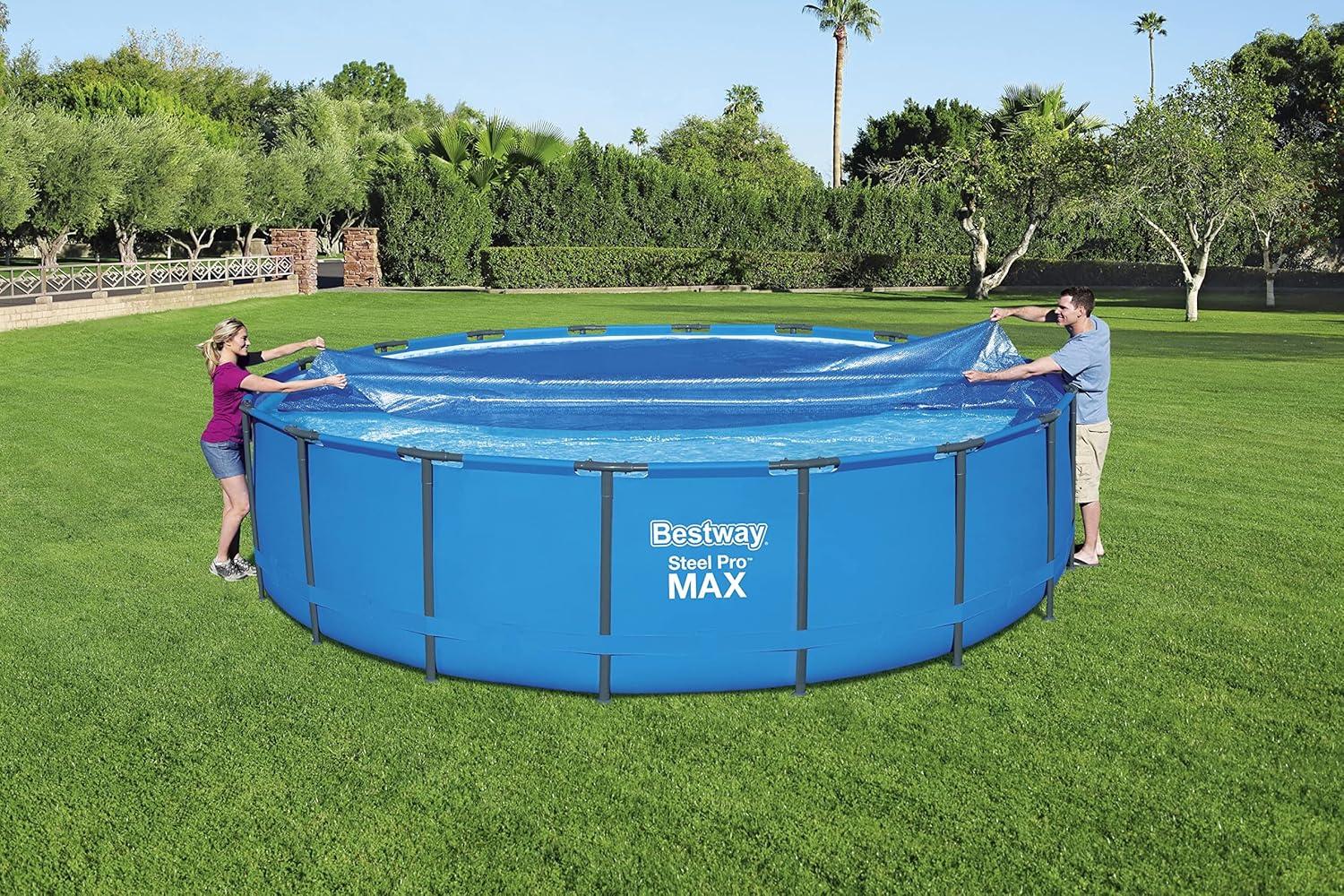 Bestway Flowclear 18 Foot Round Solar Heat Secure Pool Cover for Above Ground Swimming Pools with Storage Bag, Blue (Cover Only)