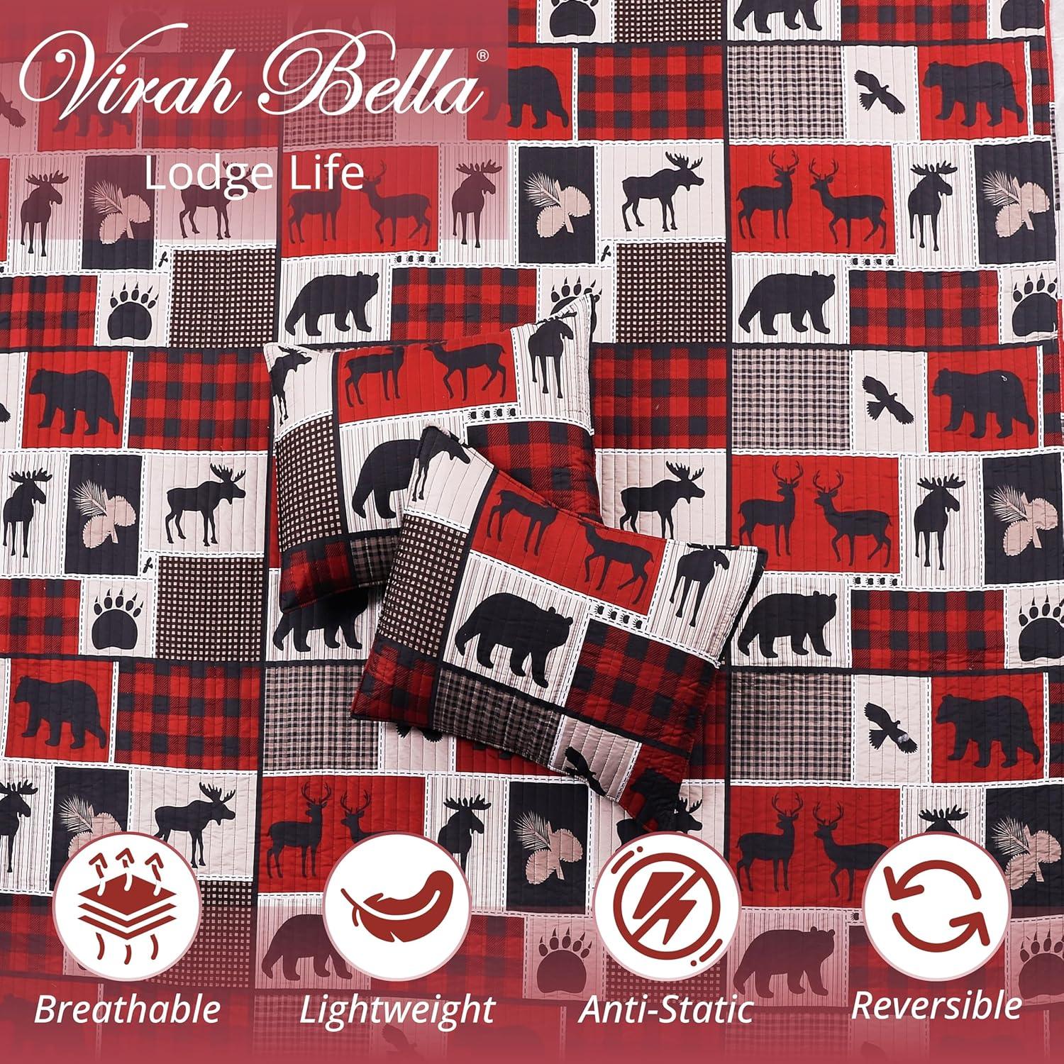 Lodge Life Moose, Deer, Bear Patchwork Rustic Quilt and Sham Set - Queen / Full Size