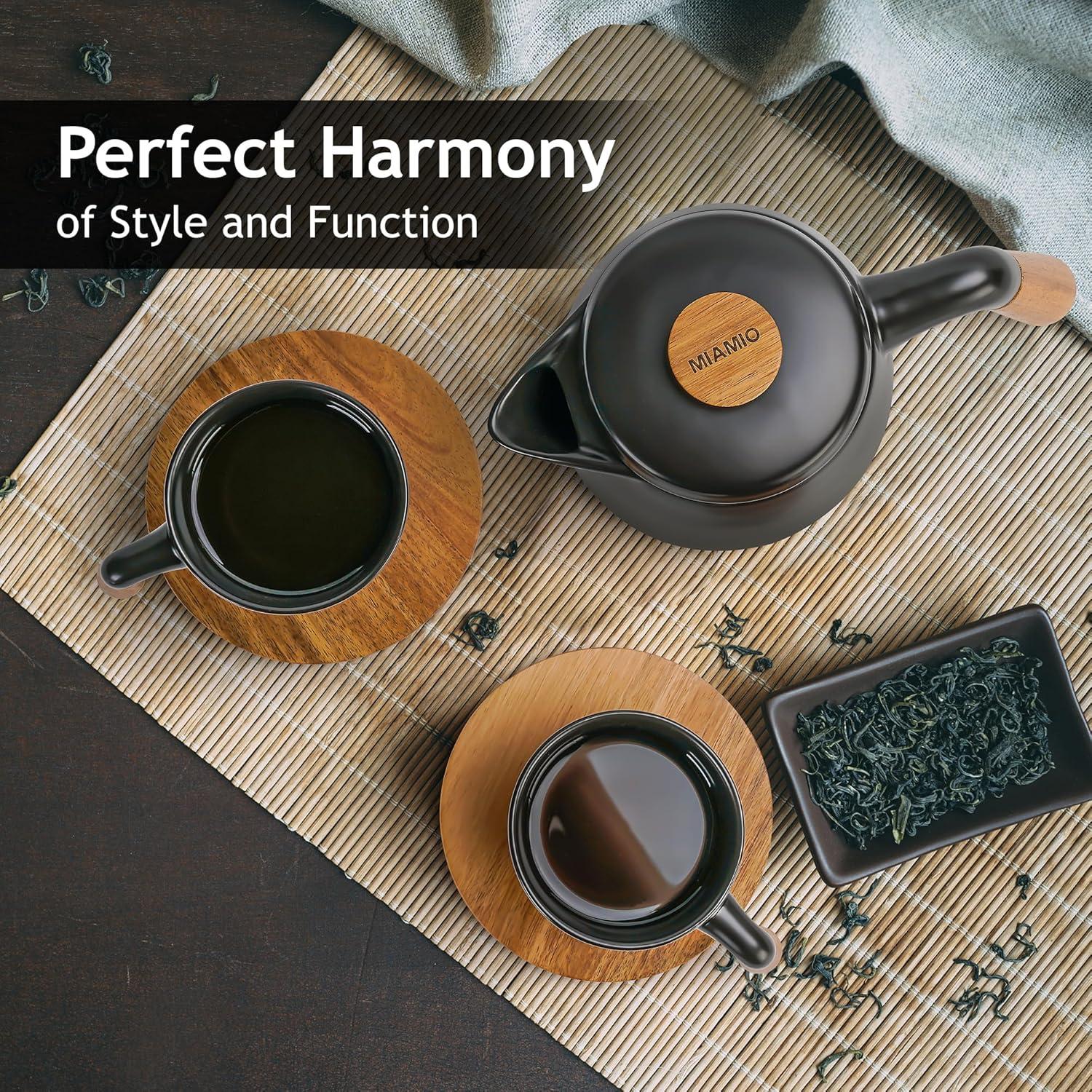 Black Ceramic Tea Pot Set with Bamboo Handle and Saucers