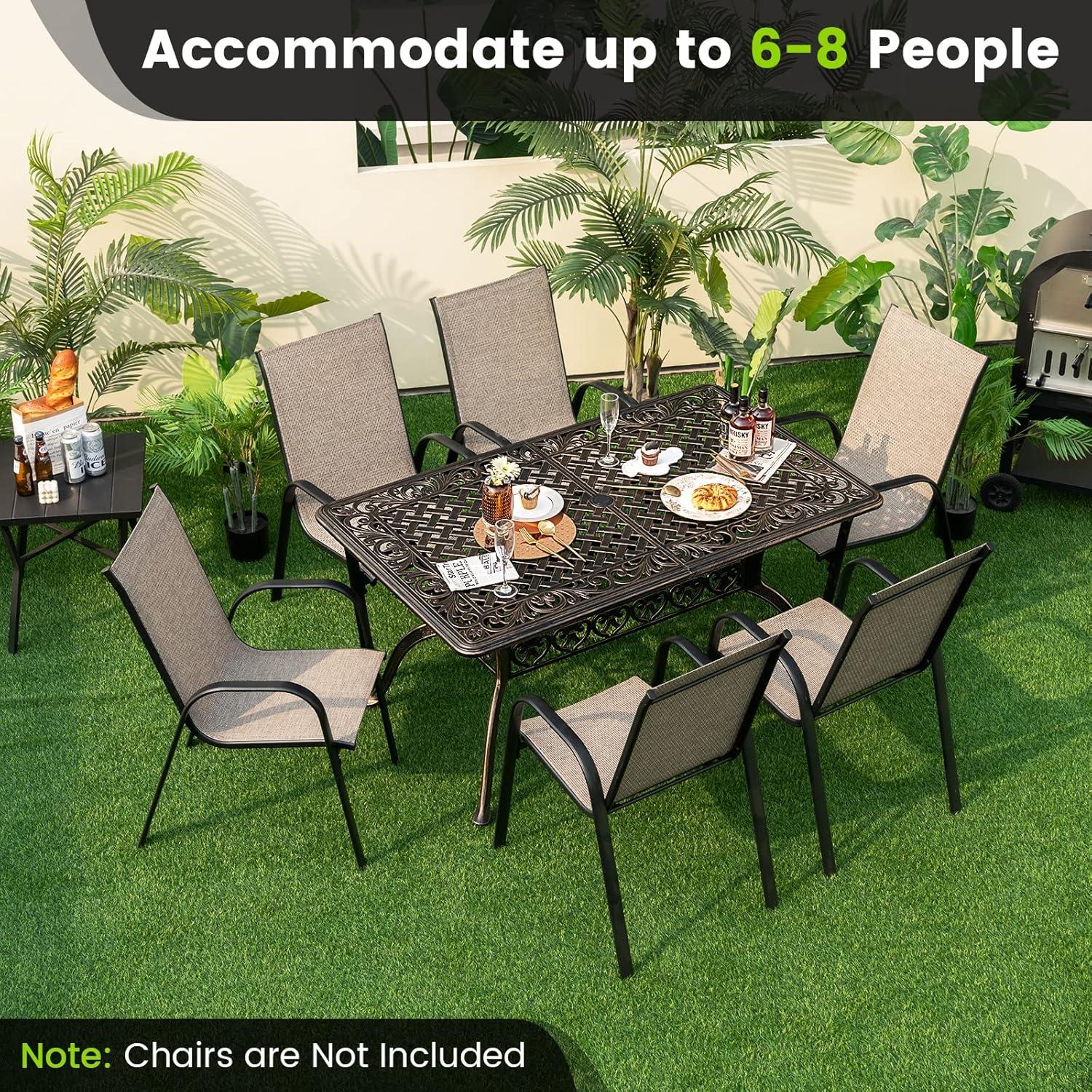 Giantex Patio Dining Table, Cast Aluminum Outdoor Table for 6 or 8 Persons, Heavy-Duty Structure, Adjustable Footpads, All-Weather Square Umbrella Table with Hole, 59" Lx35.4 Wx28.3 H