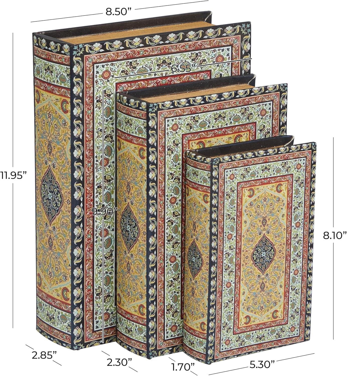 Deco 79 Canvas Decorative Box Storage Book Book Shaped Boxes with Arabesque Pattern and Gold Page Inspired Detail, Set of 3 Decorative Keepsake Boxes 12, 10, 8" H, Multi Colored