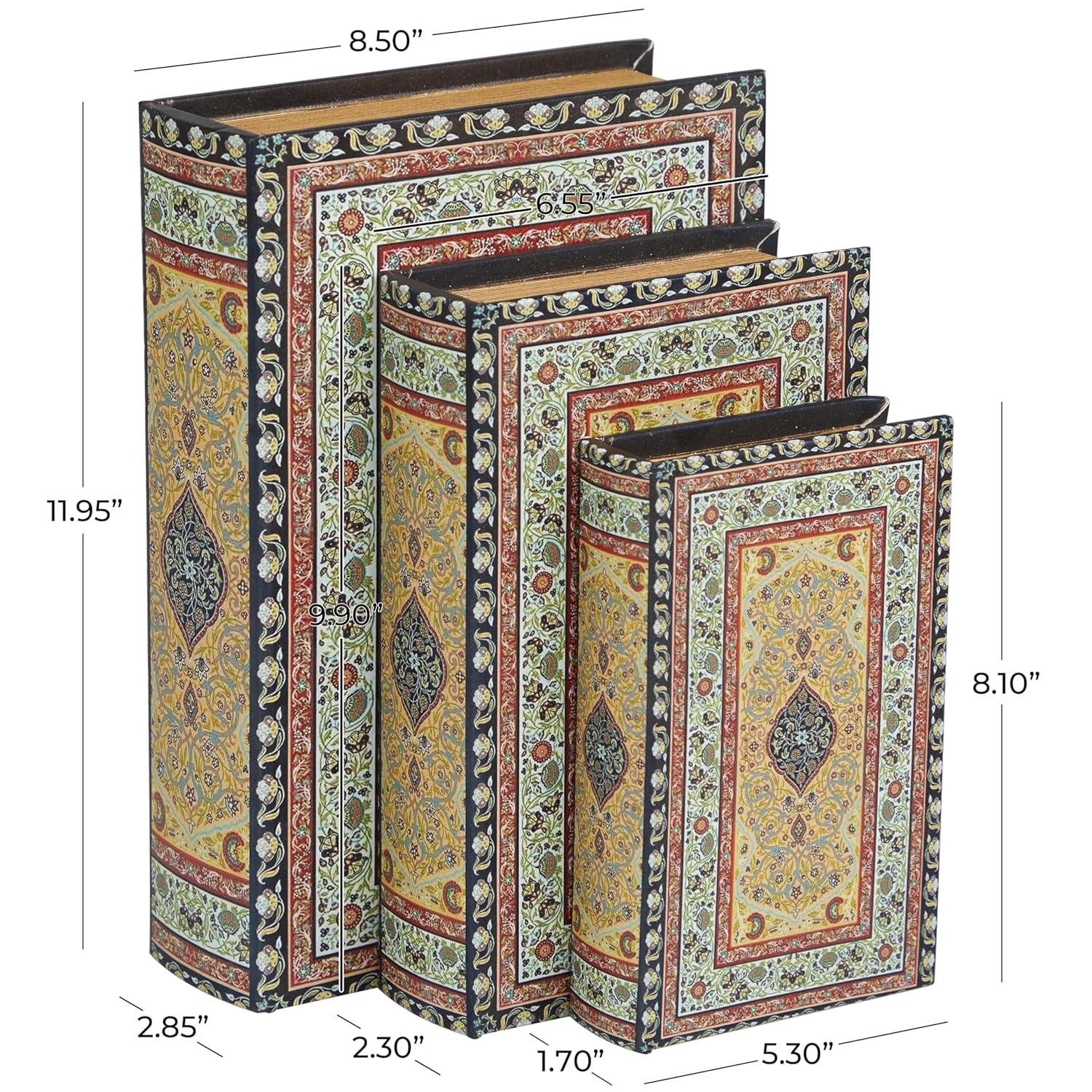 Deco 79 Canvas Decorative Box Storage Book Book Shaped Boxes with Arabesque Pattern and Gold Page Inspired Detail, Set of 3 Decorative Keepsake Boxes 12, 10, 8" H, Multi Colored