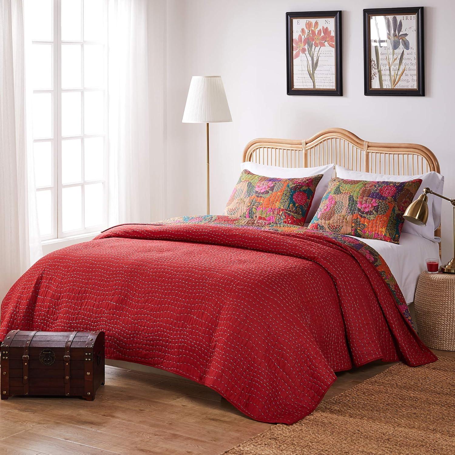 Greenland Home Fashions 3pc King Jewel Quilt Bedding Set Red/Pink/Green: Cotton Microfiber, Machine Washable