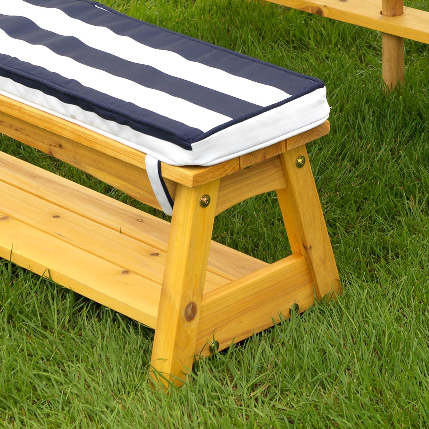 Outdoor Wooden Table & Benches with Cushions & Umbrella, Navy