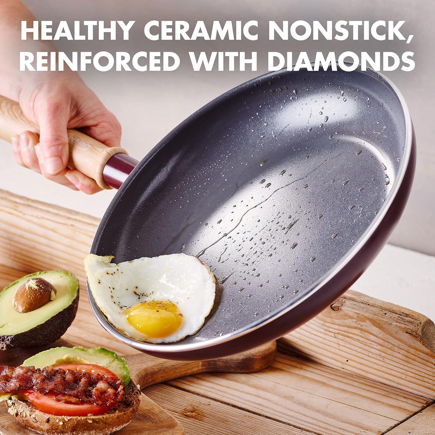 GreenPan Hudson Healthy Ceramic Nonstick, 8 Piece Cookware Pots and Pans Set, Vintage Wood Inspired Handle, PFAS-Free, Dishwasher Safe, Merlot Red