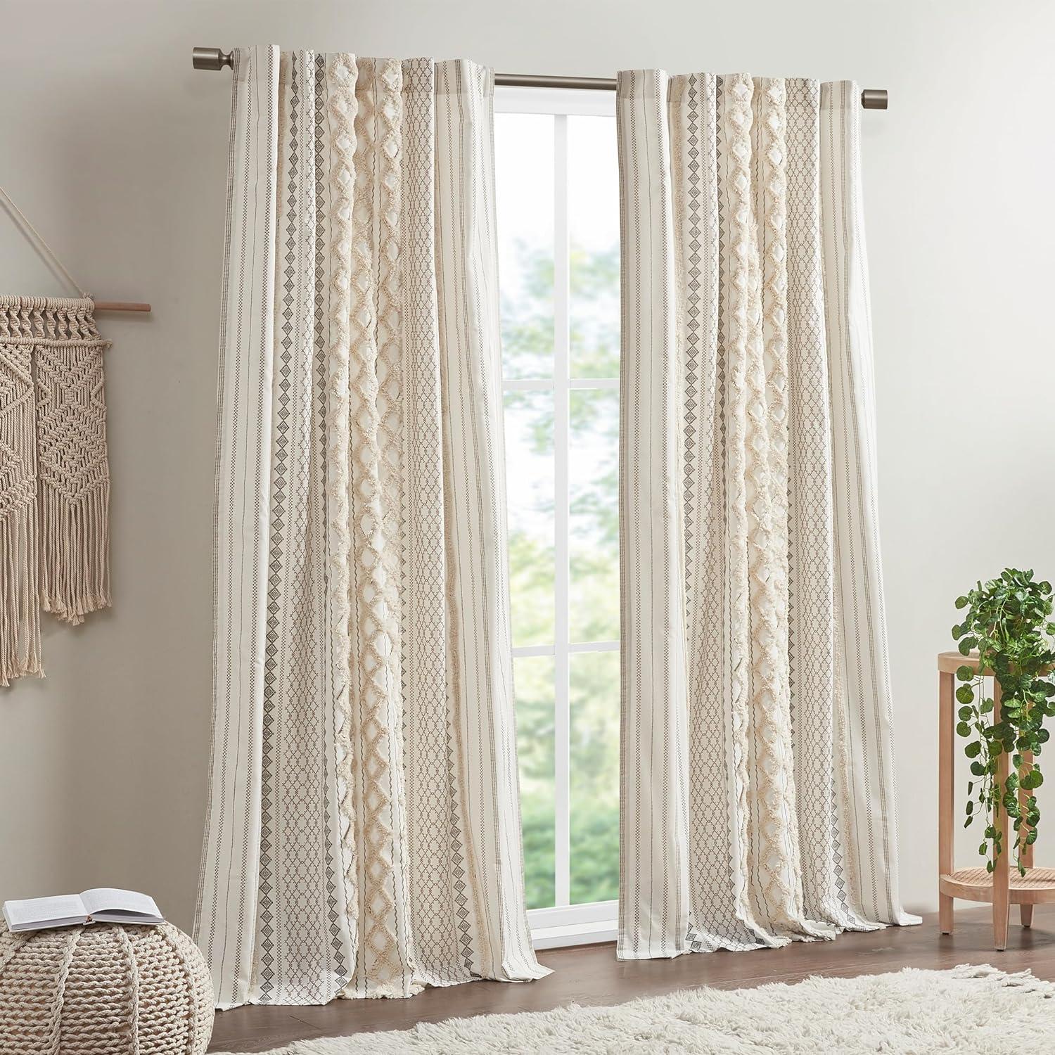 Ivory Cotton Chenille Stripe Room Darkening Curtain Panel