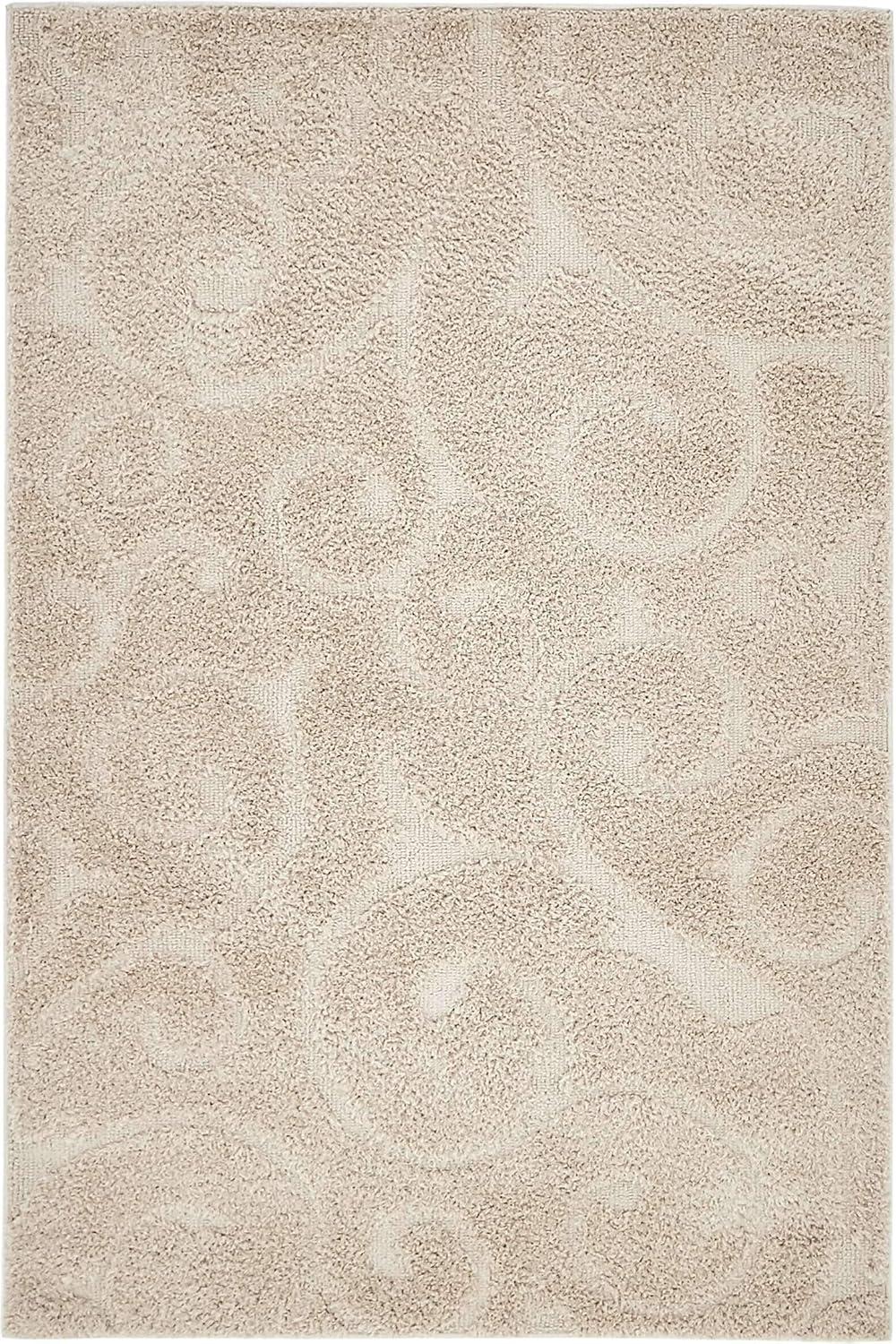 Elegant Beige Floral Shag Area Rug, 4' x 6', Easy Care Synthetic