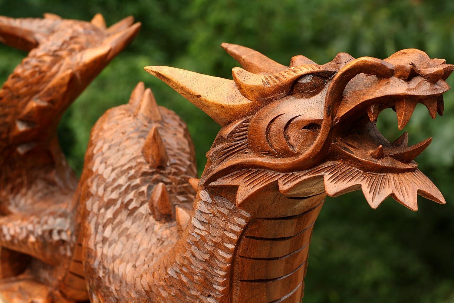 Handcrafted Suar Wood Dragon Statue, 12" Long