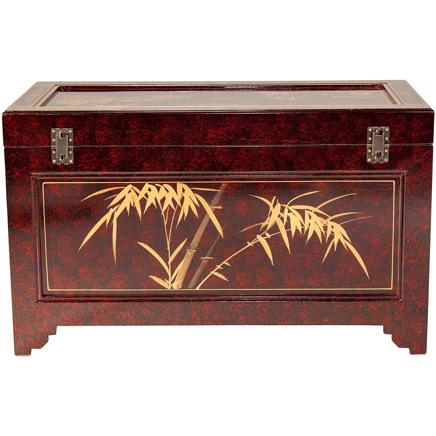 Oriental Furniture Red Lacquer Trunk - Landscape