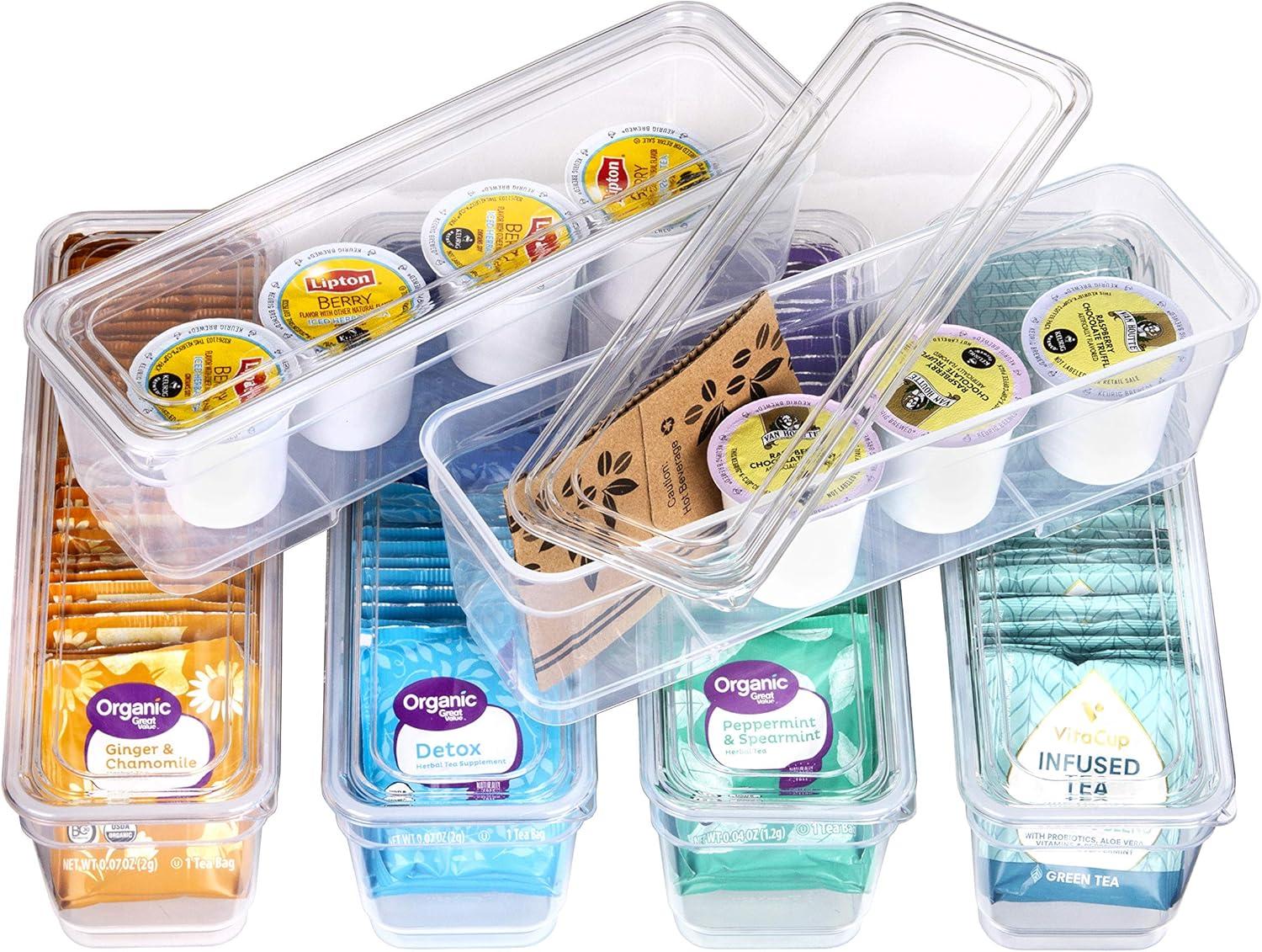 AB Designs Bin Pack, [6] Long Home Organizer Storage Boxes with Lids, Translucent Clear