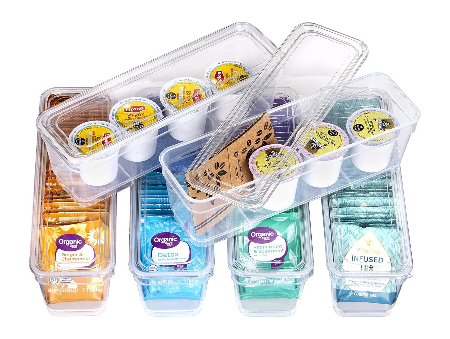 AB Designs Bin Pack, [6] Long Home Organizer Storage Boxes with Lids, Translucent Clear