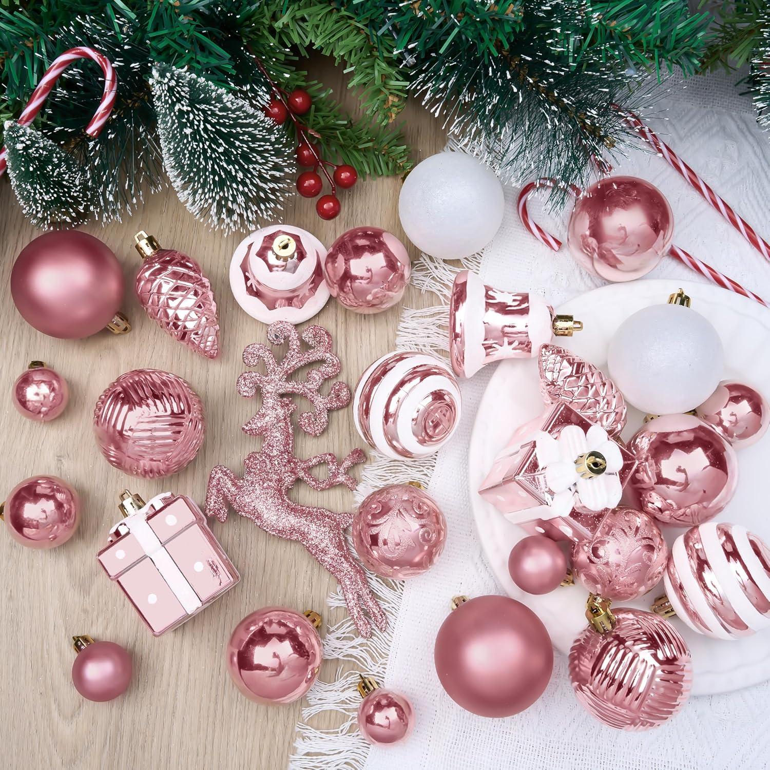 Pink and White Shatterproof Plastic Christmas Ornament Set