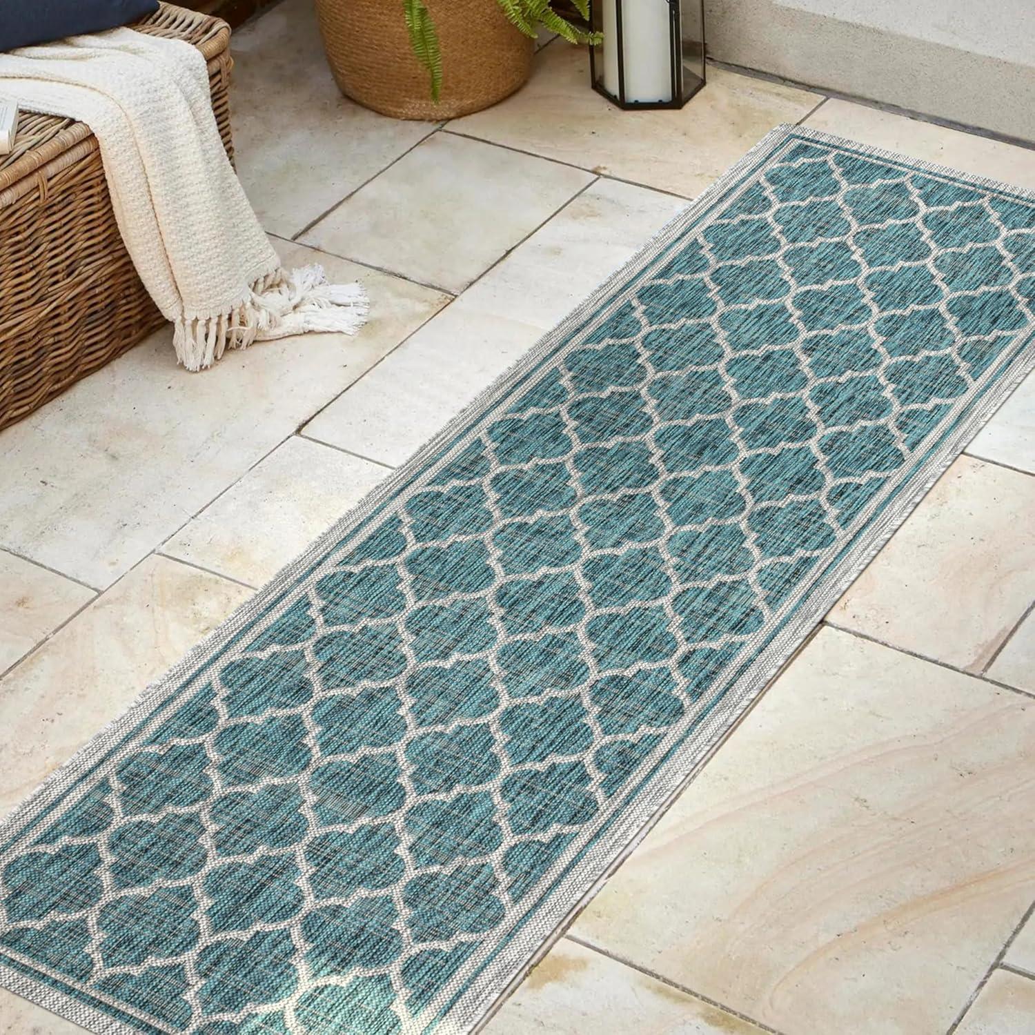 8'x10' Trebol Moroccan Trellis Textured Weave Indoor/Outdoor Area Rug, Teal/Gray - JONATHAN Y