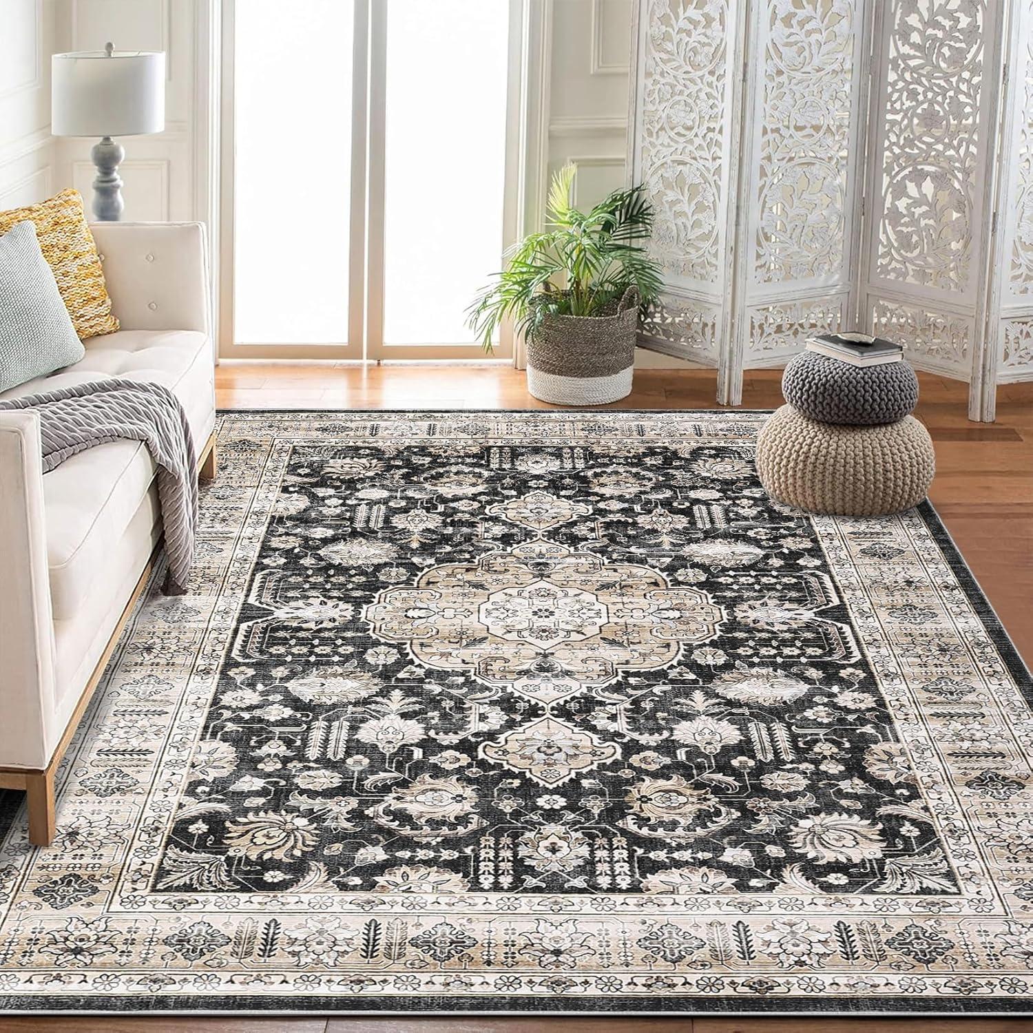 WhizMax 8'x10' Area Rug Vintage Washable Area Rugs Non-Slip Boho Floral Print Rug Persian Distressed Soft Low-Pile Carpet for Dining Room Playroom, Black