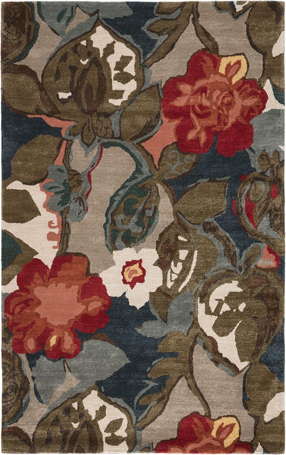 Hand-Tufted Blue Floral Wool Area Rug 5' x 8'