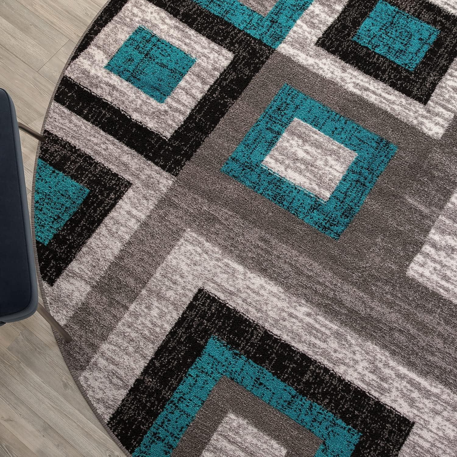 Modern Geometric 8' Round Area Rug in Turquoise, Grey, and White with Cotton Backing