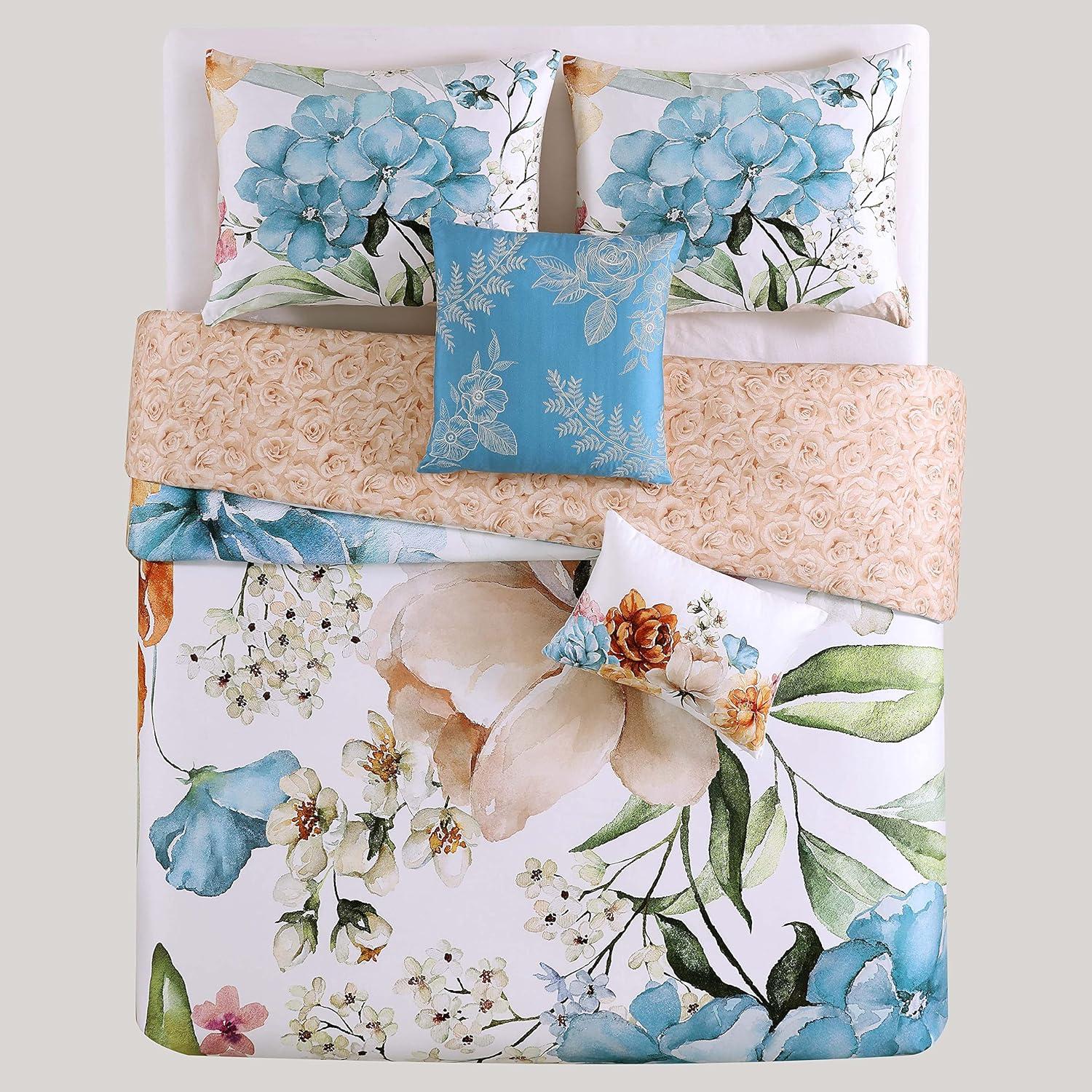 Maia King Blue Cotton Floral Reversible Comforter Set