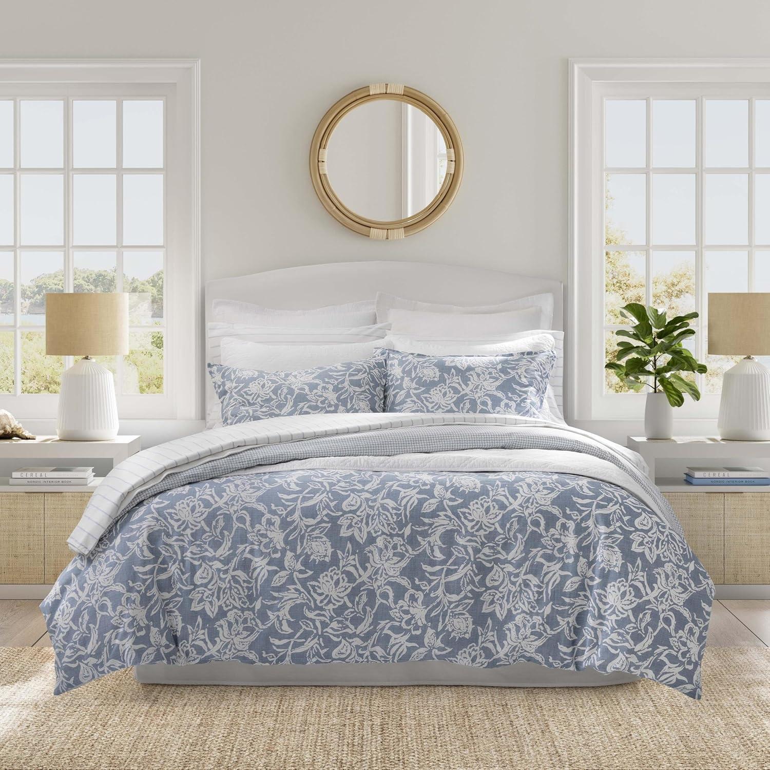 Tortola Blue and White Cotton Floral Queen Duvet Cover Set