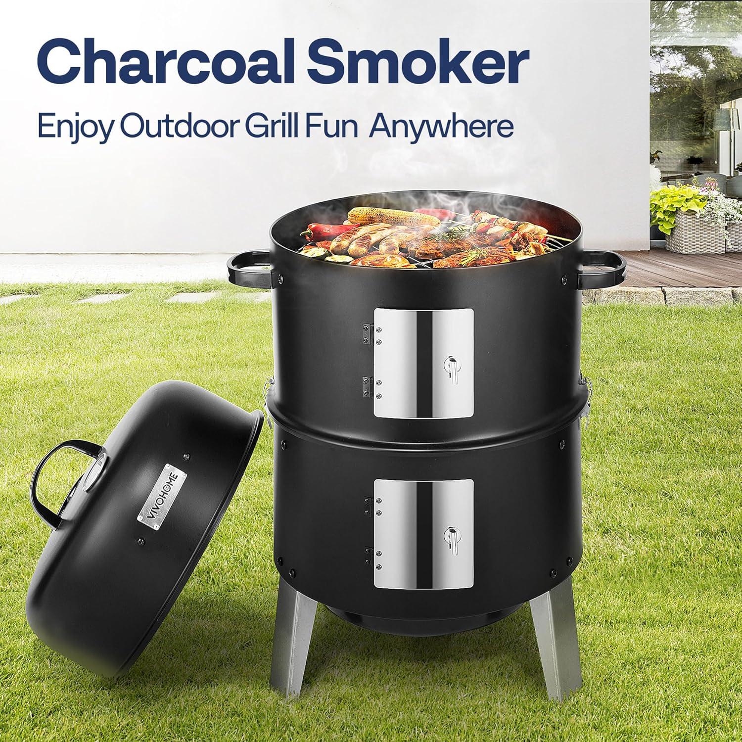 3-in-1 Vertical Charcoal Grill, Outdoor BBQ Charcoal Smoker with Built-in Thermometer, Air Vent, and 2 Access Doors, Perfect for Camping, Picnics, Backyard BBQs, and Tailgating Parties