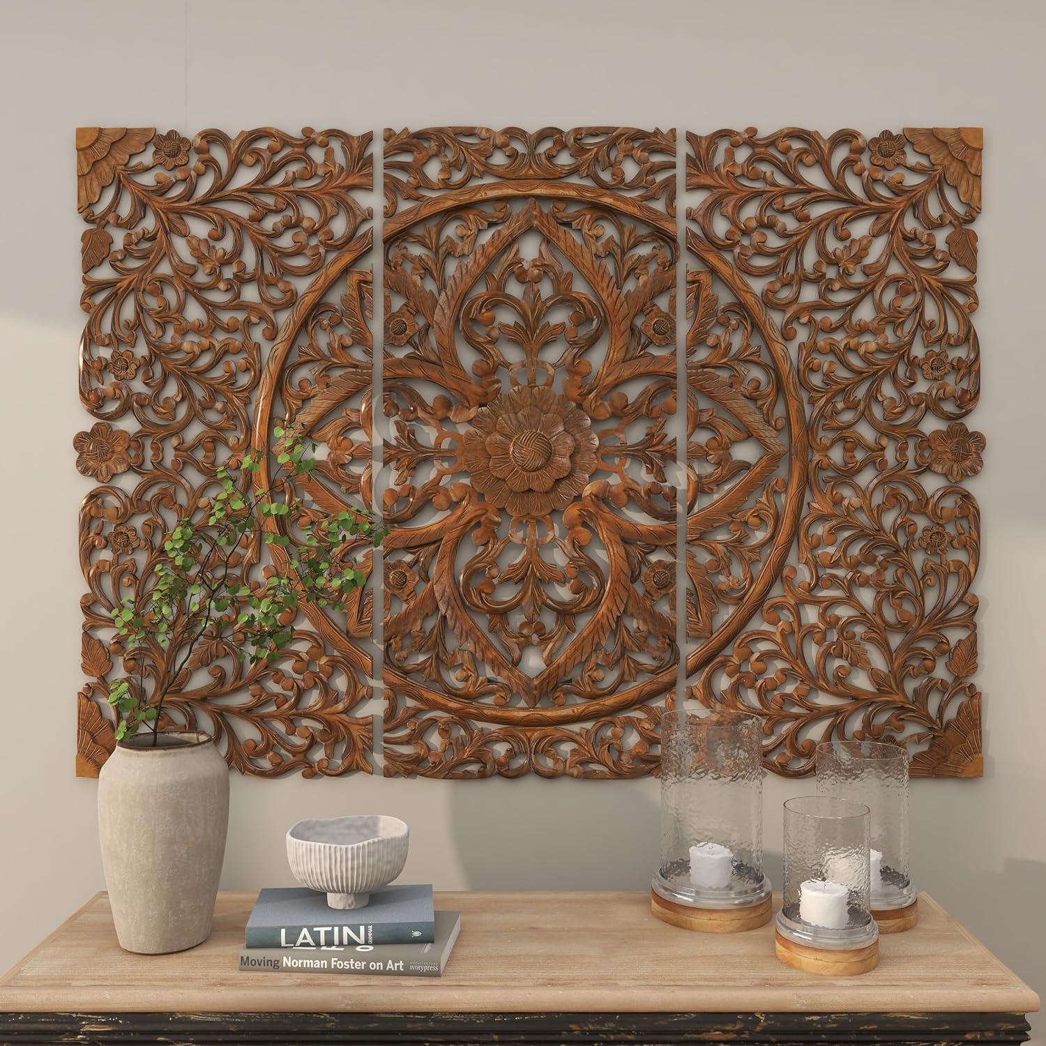 DecMode Brown Wooden Handmade Intricately Carved Floral Wall Decor (3 Count)