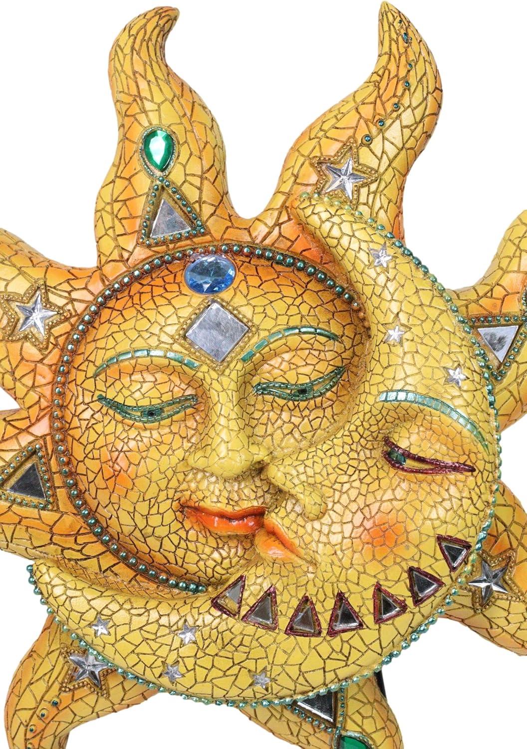 Ebros Cara de Mosaico Naranja Sol con Luna de Mosaico Amarillo, Decoración de Placa de Pared de 13"H