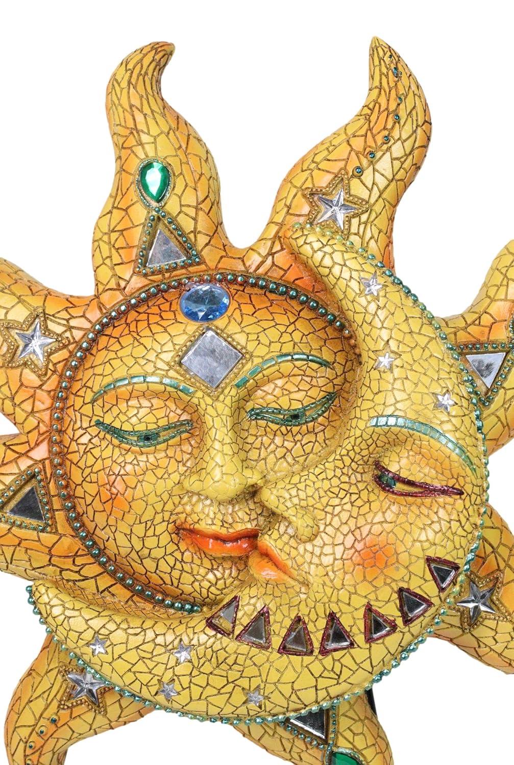Ebros Cara de Mosaico Naranja Sol con Luna de Mosaico Amarillo, Decoración de Placa de Pared de 13"H
