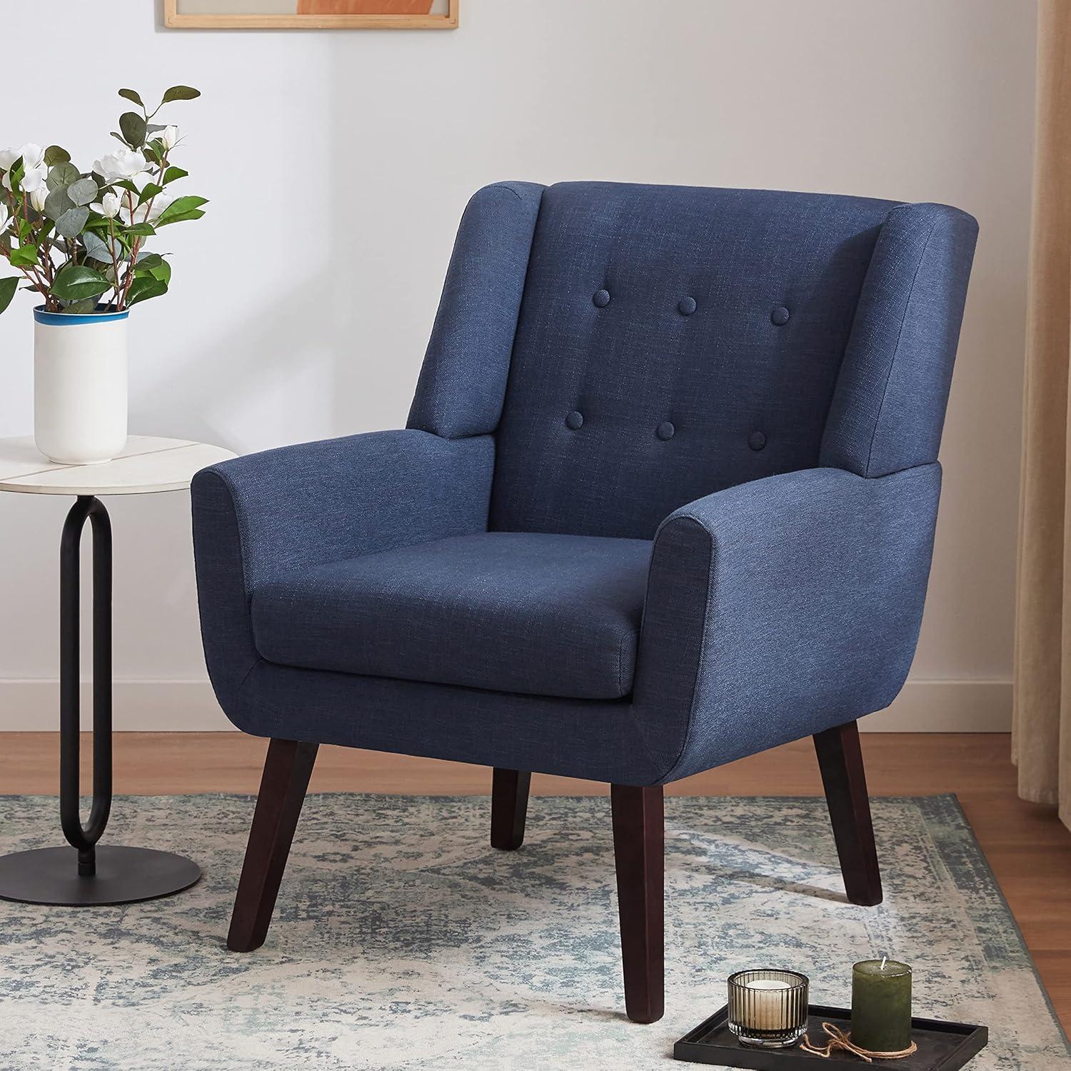 Dark Blue Linen Upholstered Barrel Accent Chair with Wood Legs