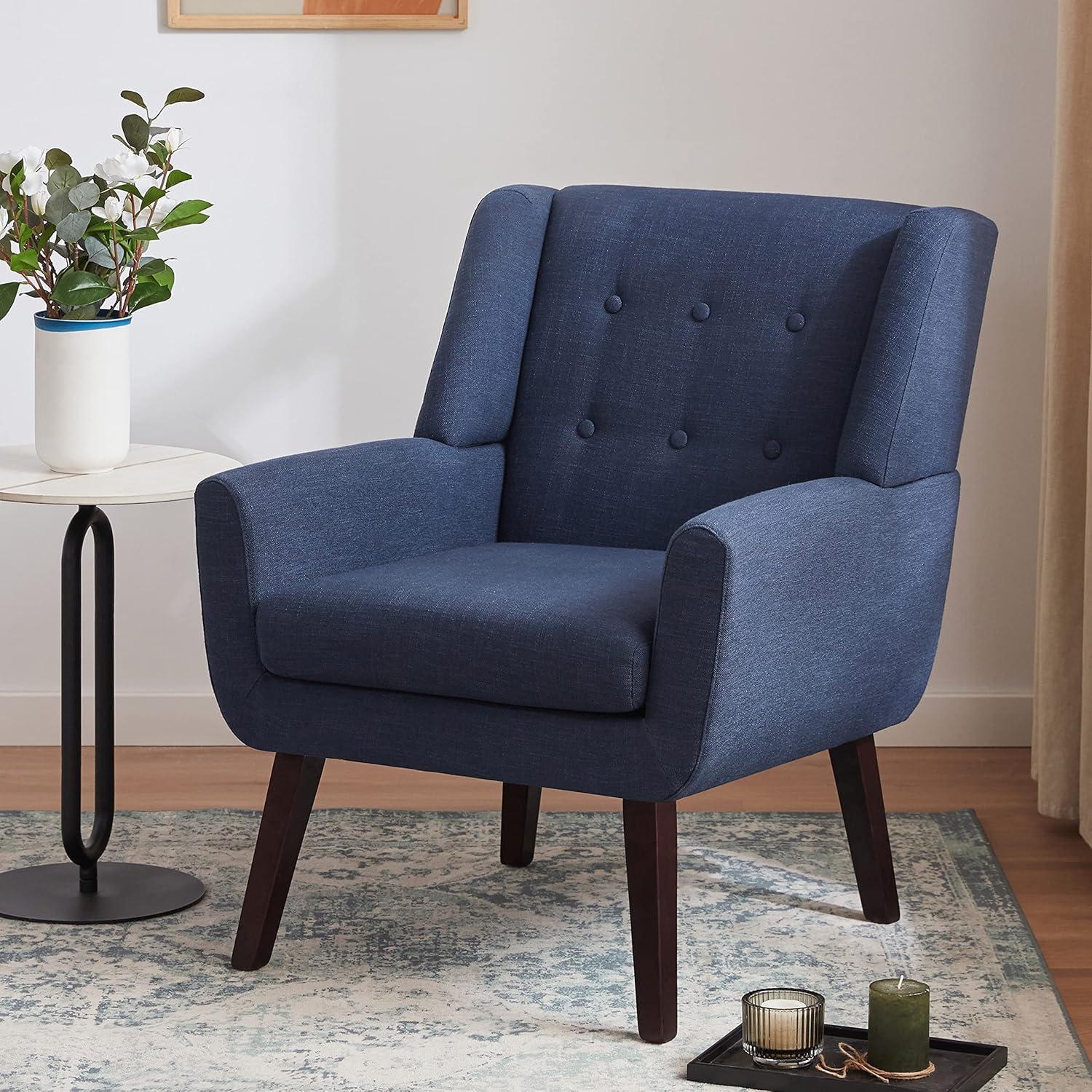 Accent Chair, Comfy Upholstered Mid Century Modern Armchair, Button-Tufted with Linen Fabric Lounge Arm Chairs for Living Room Bedroom(Dark Blue)